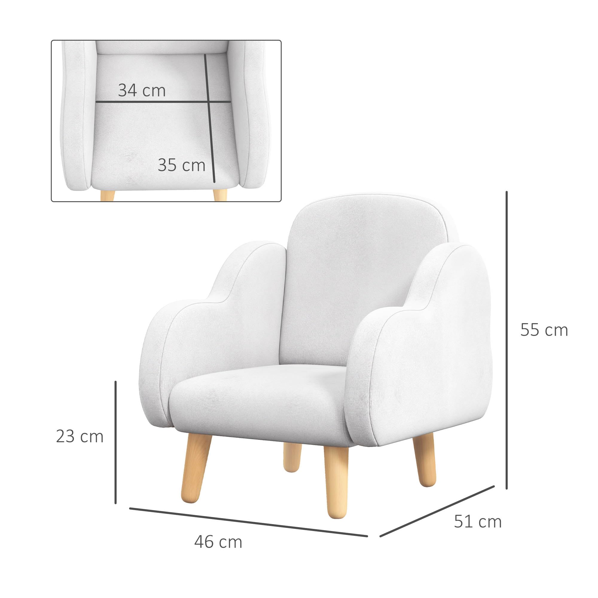 ZONEKIZ Poltroncina per Bambini Stile Scandinavo con Braccioli a Nuvola, Poltrona Piccola per Bambini fino a 3 Anni in Tessuto, 46x51x55 cm, Bianco