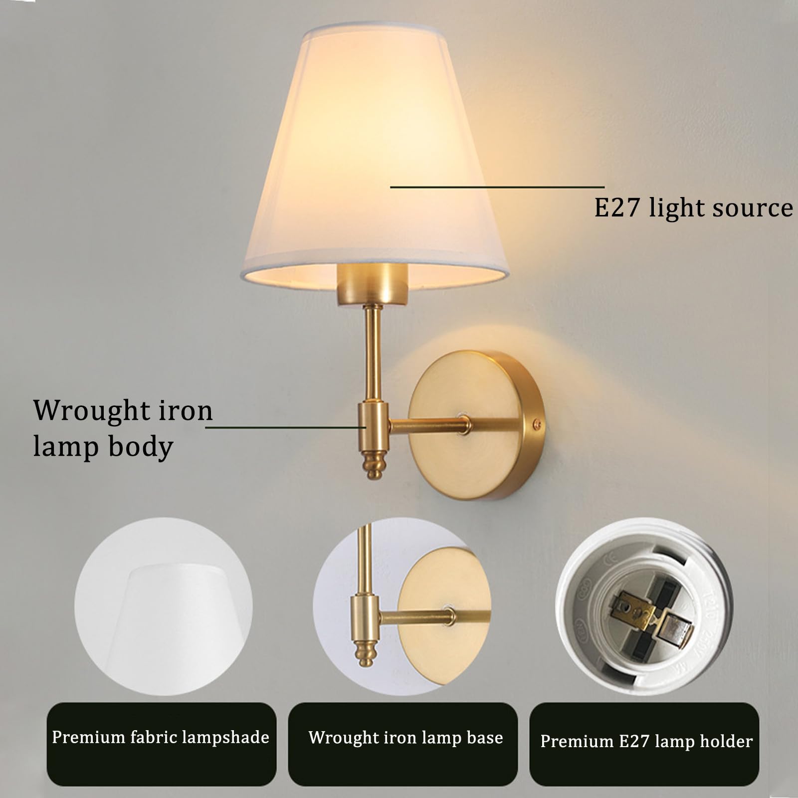 Wandleuchte E27 für den Innenbereich mit Stoffschirm, Moderne Vintage-Wandleuchte, Nachttischleuchte aus Metall für Schlafzimmer, Wohnzimmer, Flur (Leuchtmittel Nicht enthalten)