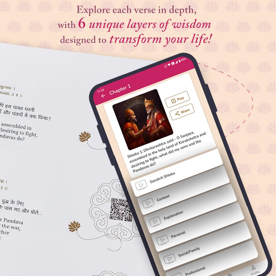 Image of Bhagavad Gita For All in English, Hindi, and Sanskrit | World's 1st video-based Bhagavad Gita Book and App | Watch Each Shloka Explained by Krishna Avatar | SCAN, WATCH & LEARN
