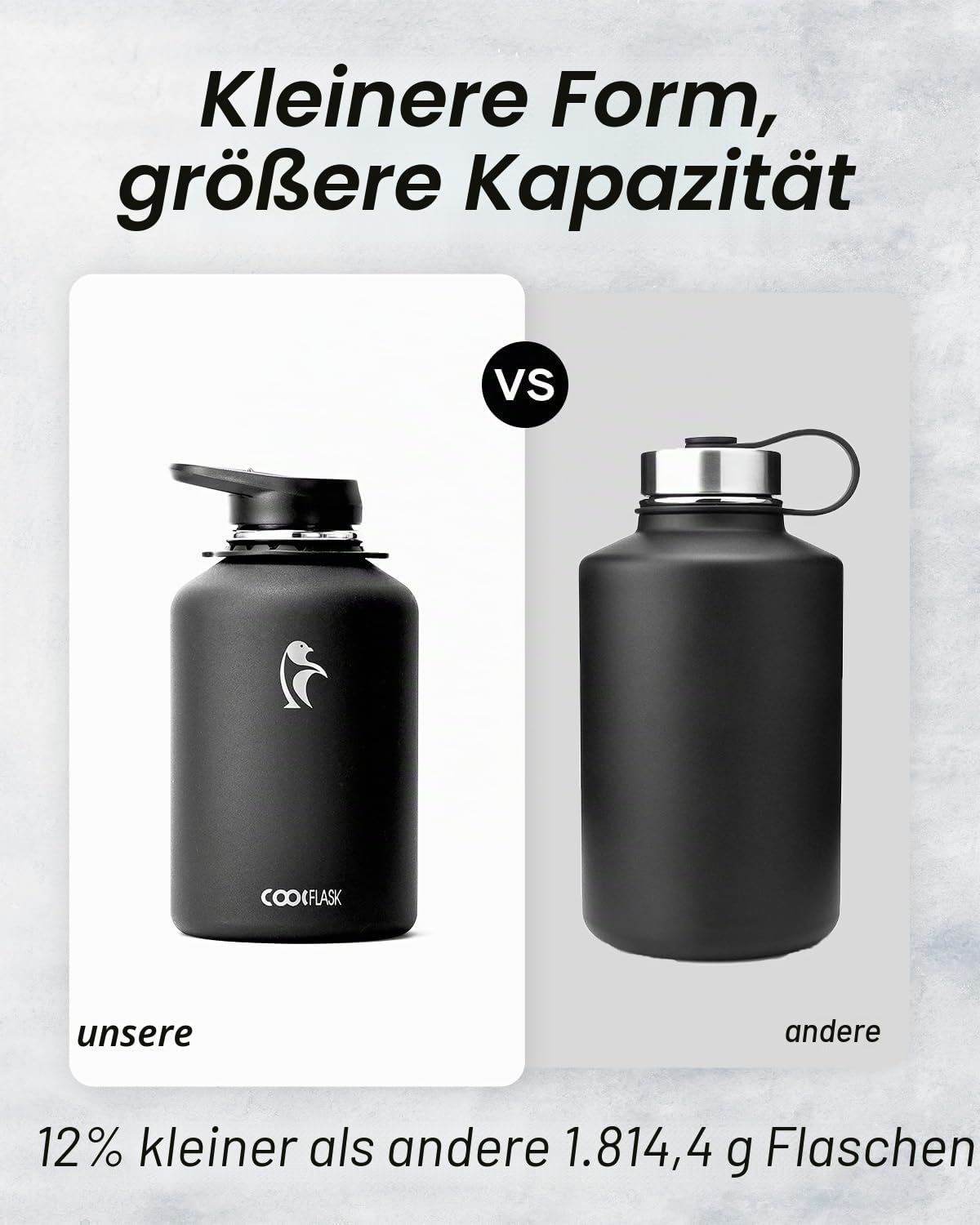 Coolflask Isolierte Wasserflasche 1893 ml mit Riemen, Wasserkrug aus Edelstahl mit Strohhalm und Ausgussdeckel, Große Wasserflasche aus Metall, Auslaufsicher und BPA-frei, Schwarz