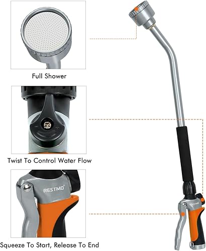 Miniatura 12 de RESTMO Varita de riego de metal, varita de manguera de jardín resistente con cabezal giratorio de 180°, boquilla de manguera de 16 pulgadas con 7