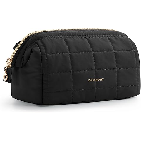BAGSMART Makeup Bag Travel Toiletry Bag, Puffy Padded Make Up Bags for Women Makeup Organizer Case, Wide-open Pouch Purse Travel Essentials Toiletries Accessories Brushes, Black