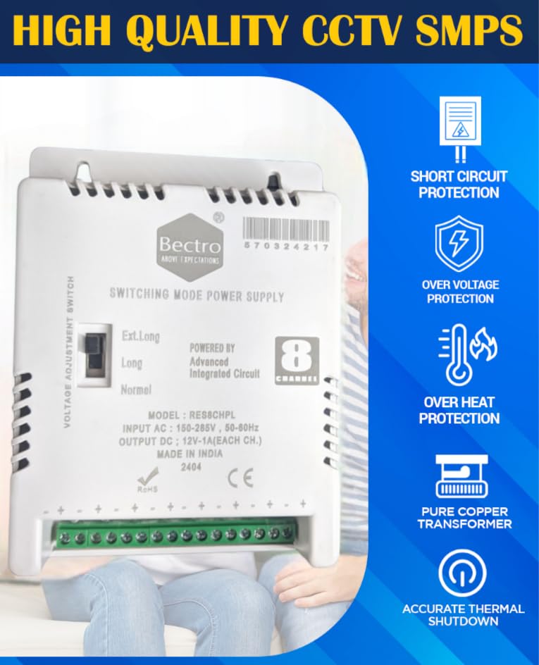 Image of CCTV Power Supply SMPS 8 Channel /Port 12V 10 Amp Maximum Output with Voltage Booster Technology, Multiple Terminal DC Outlet.