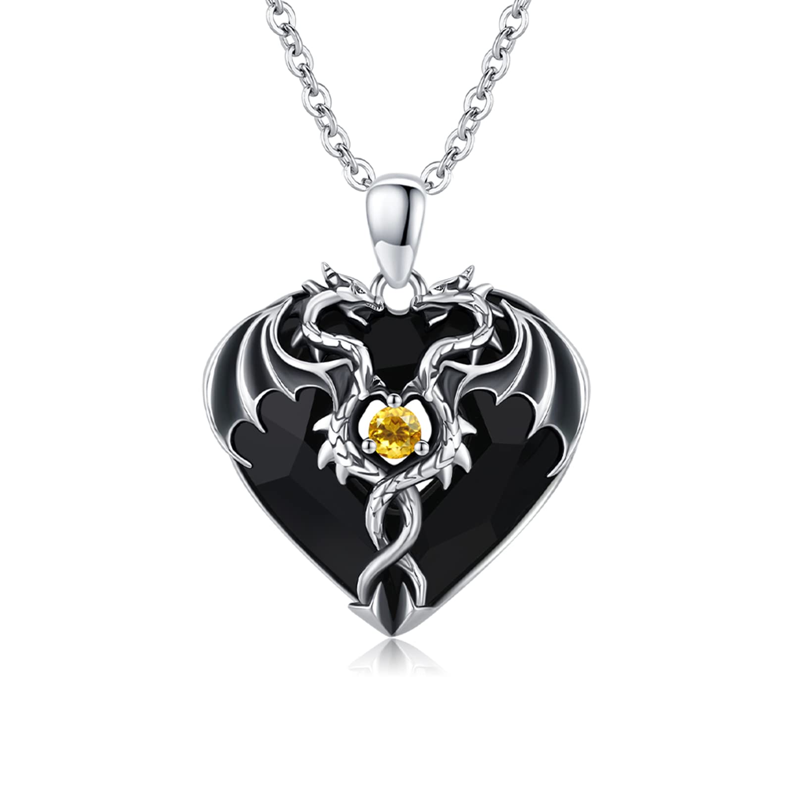 Dragon Necklace for Women Sterling Silver Double Dragon Necklace with Black Heart Crystal Pendant Viking Dragon Jewelry Gifts for Men Women Mother's Day Father's Day