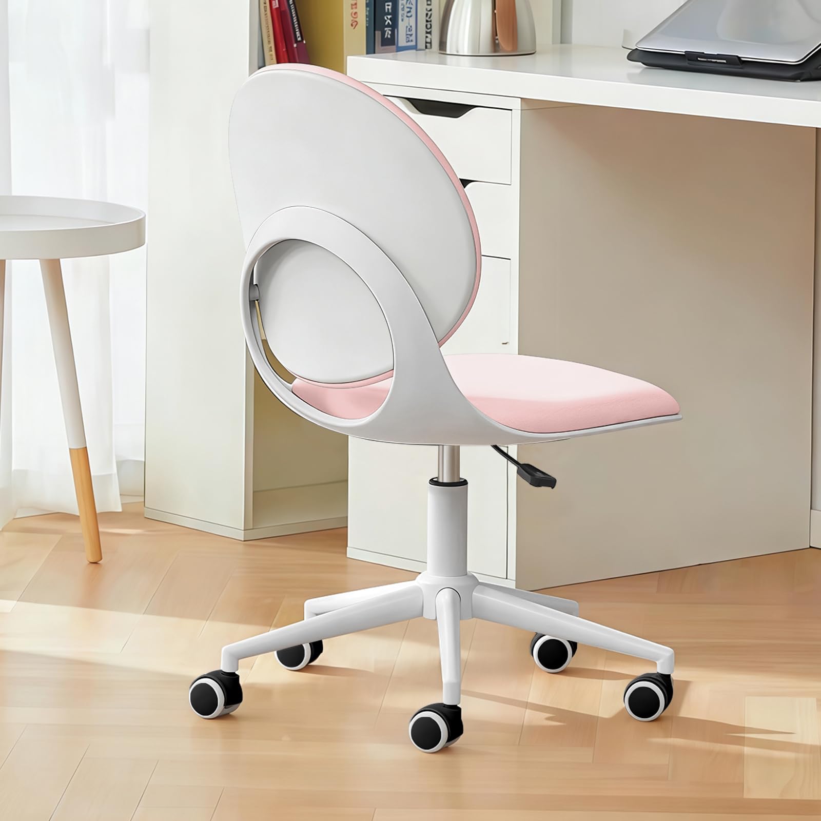 WXJHL Modern Home Office Chair, Armless PU Leather Desk Chair with Mid-Back, Swivel Height Adjustable Ergonomic Computer Task Chair for Office, Bedroom, Make Up, Study(Pink)