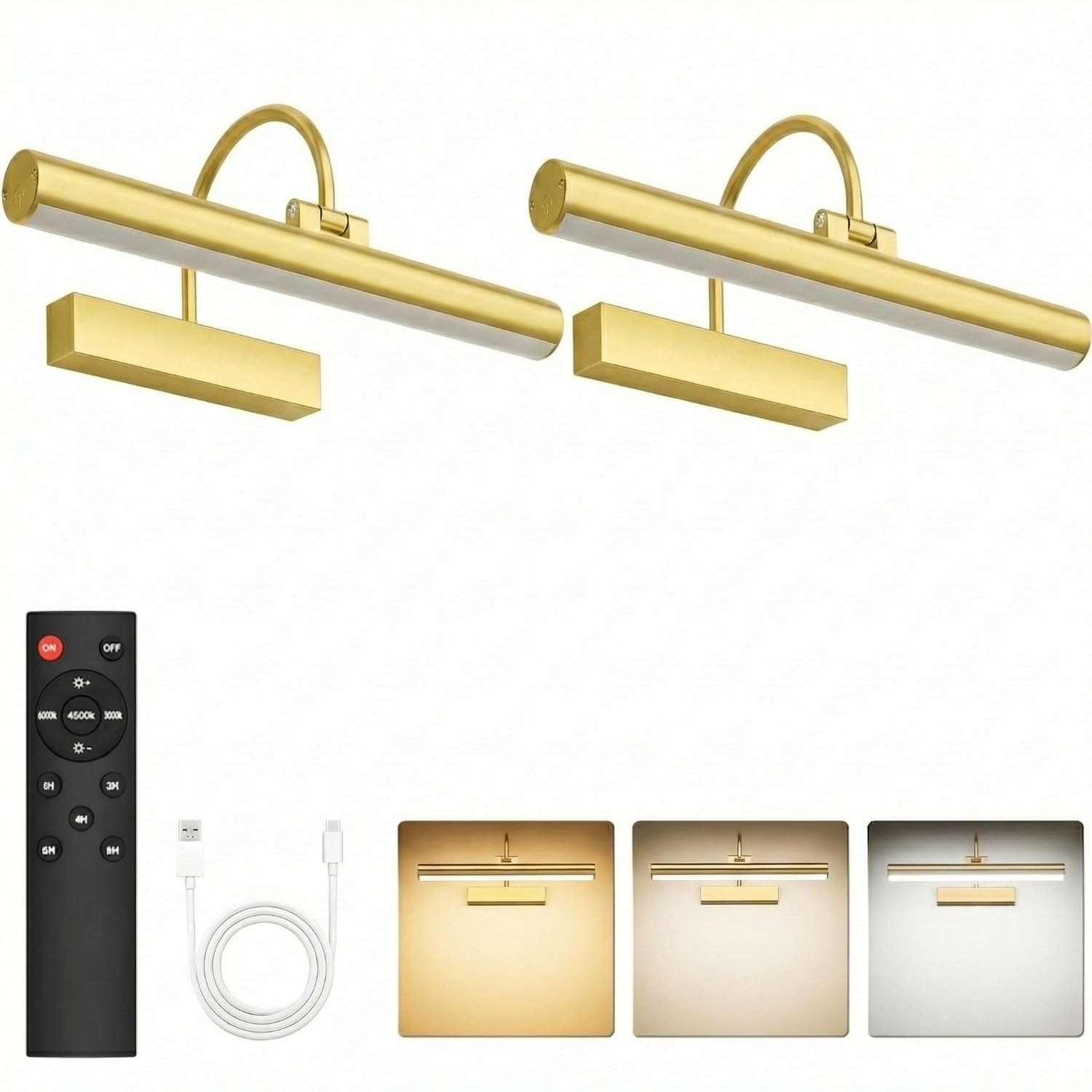 Gresonic 2pc Bilderleuchte Kabellos Akku, 42cm Wiederaufladbar LED Bildlampe mit Fernbedienung Timer, 3 Farbtemperaturen Dimmbar, 210° Drehbar Bildbeleuchtung aus Acryl für Spiegel, 5200mAh Gold