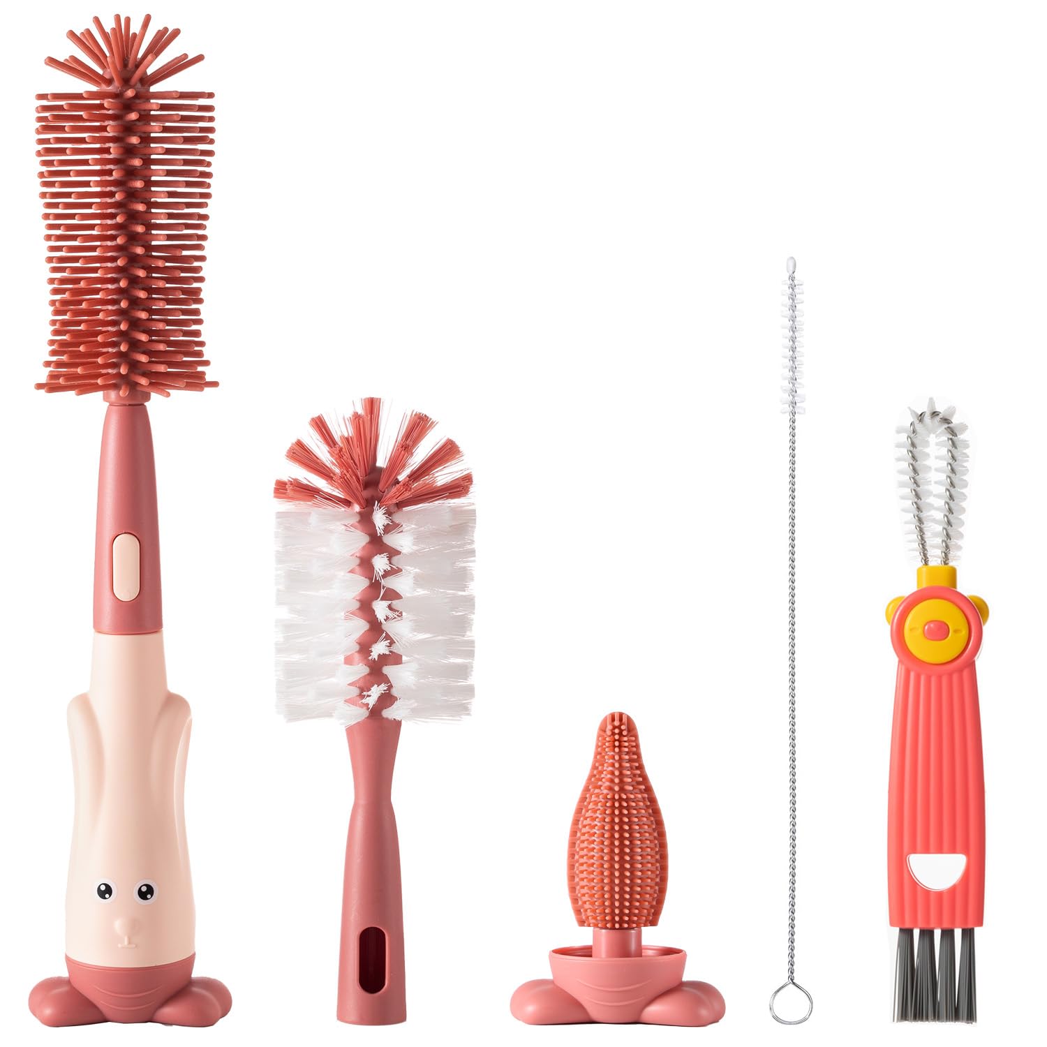 Ariseno 5-in-1 Baby Bottle Brush Set, Bottle Brush for Baby, Baby Bottle Scrubber, Including Silicone & Nylon Bottle Brush, Bottle Cap Brush, Straw