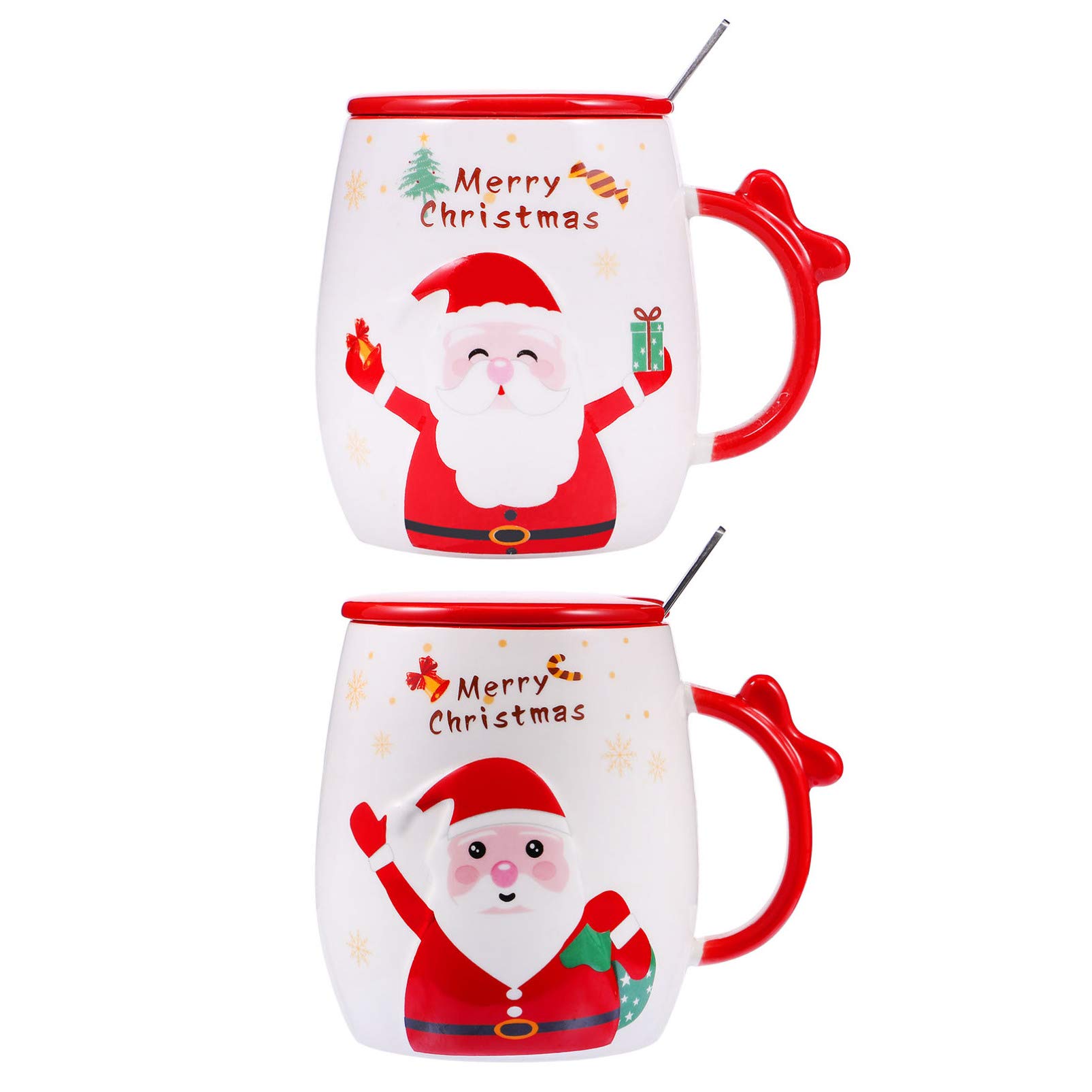 WINOMO 2pcs Christmas Tea Mug Merry Christmas Santa Claus Printed Drinking Cup with Cover Spoon Xmas Collection Mug Tabletop Ornament for Children Adults
