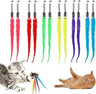 WeddHuis 12 Piezas Juguetes para Gatos Interactivos Varitas con Gusanos de Repuesto Cascabel Cola Peluda Entrenamiento para Gatitos