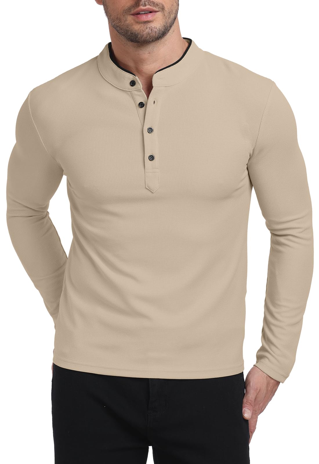 KUYIGO Men's Long Sleeve Slim Fit Mandarin Polo Shirts Waffle Button Fashion Casual Tops T-Shirt