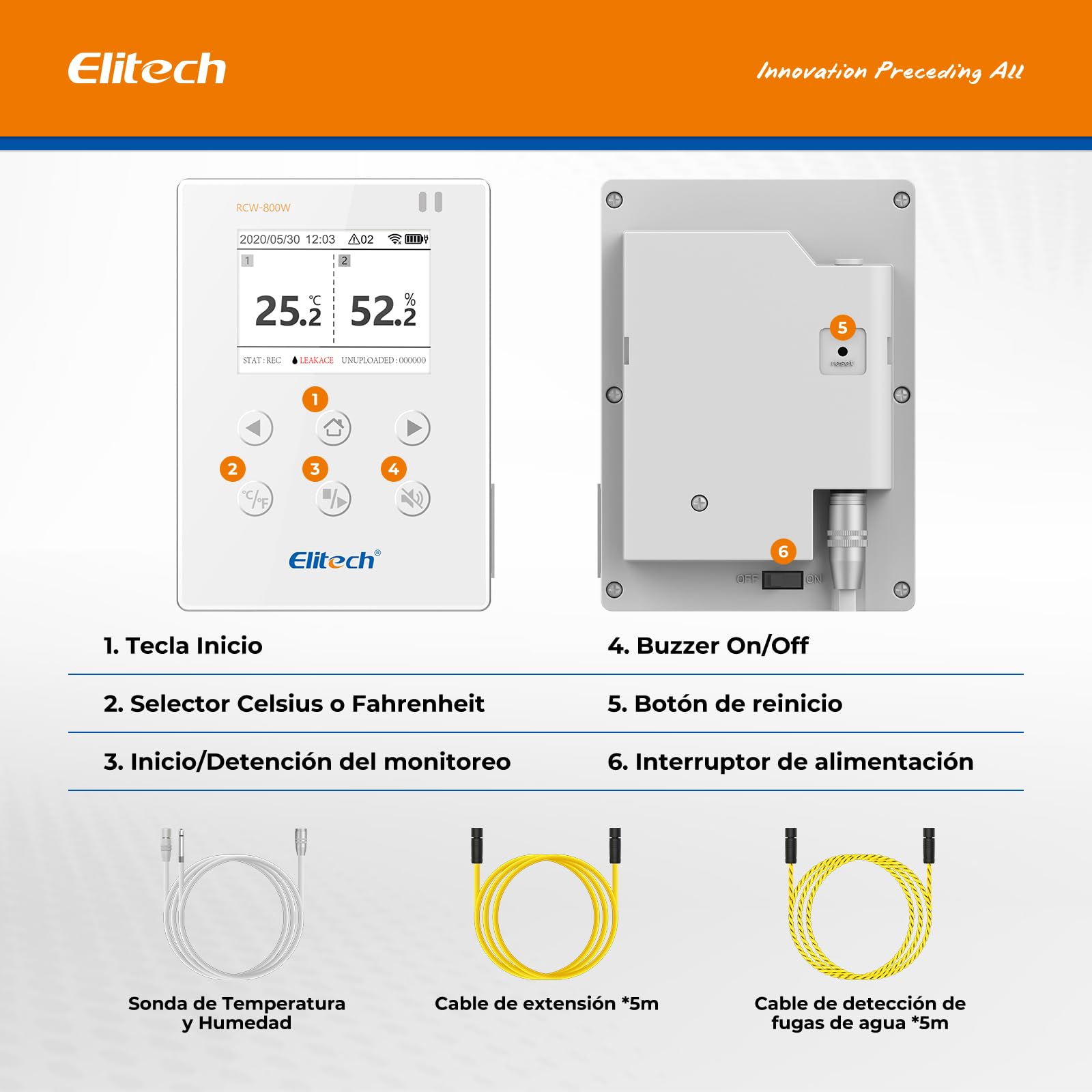 Elitech Registrador de datos WiFi en tiempo real de 2,4 G/5 G Hz para temperatura y humedad con detector de fugas de agua, almacenamiento de datos en la nube, alarmas SMS/correo electrónico/aplicación