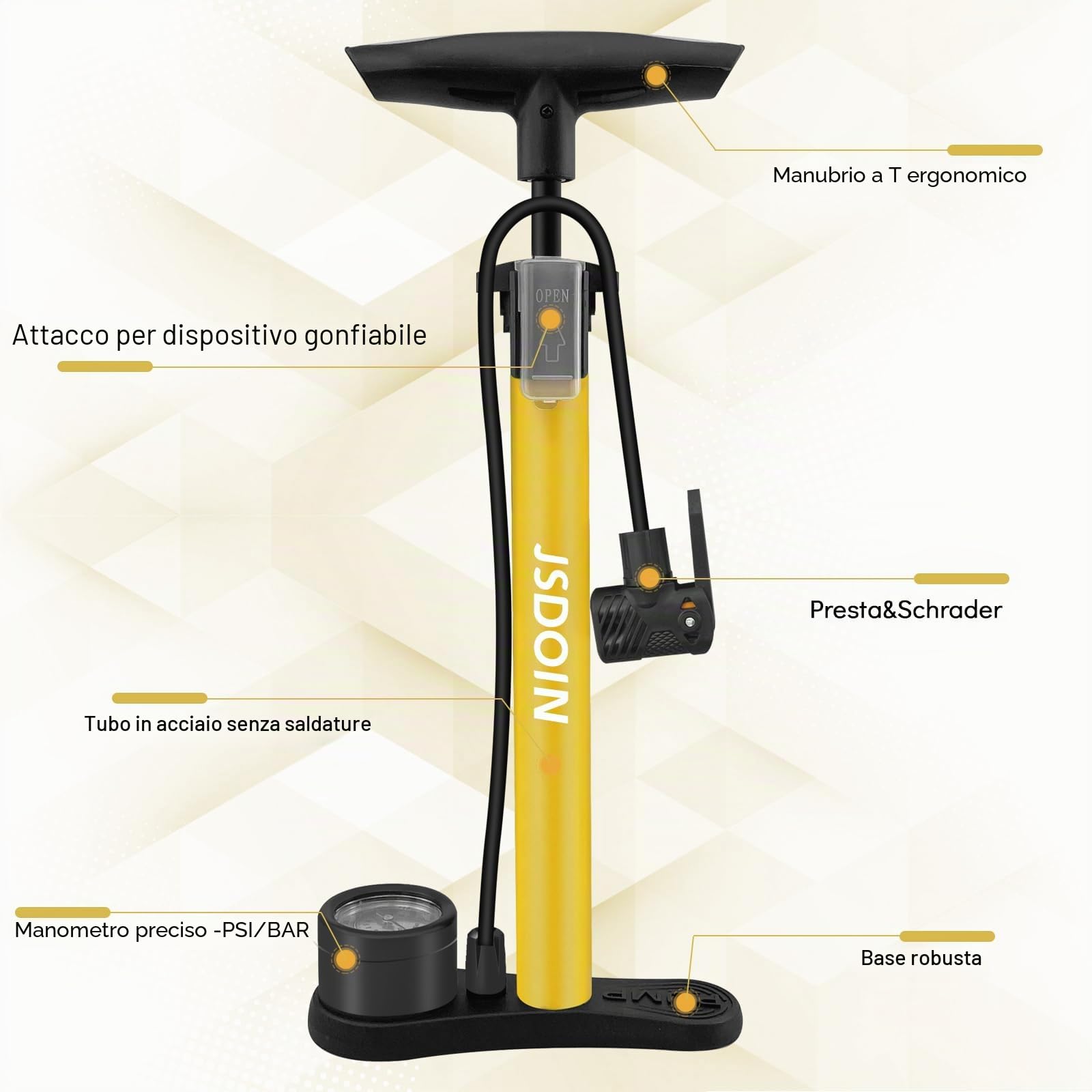 Pompa da pavimento per bici Jsdoin - Alta pressione 170 psi, Valvole Presta & Schrader, Multifunzione per bici, moto, palloni e altro ancora