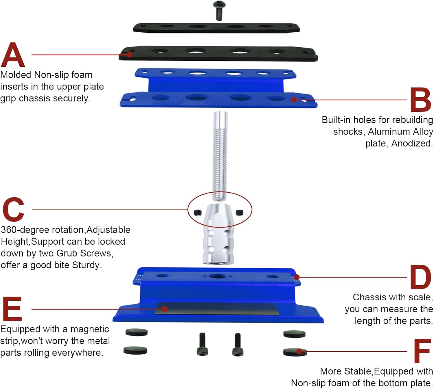 Hobbypark Aluminum RC Car Work Stand Repair Workstation 360 Degree Rotation Lift/Lower w/Screw Tray for 1/10 1/12 1/16 Scale Car Truck Buggy (Navy Blue with Screw Tray)