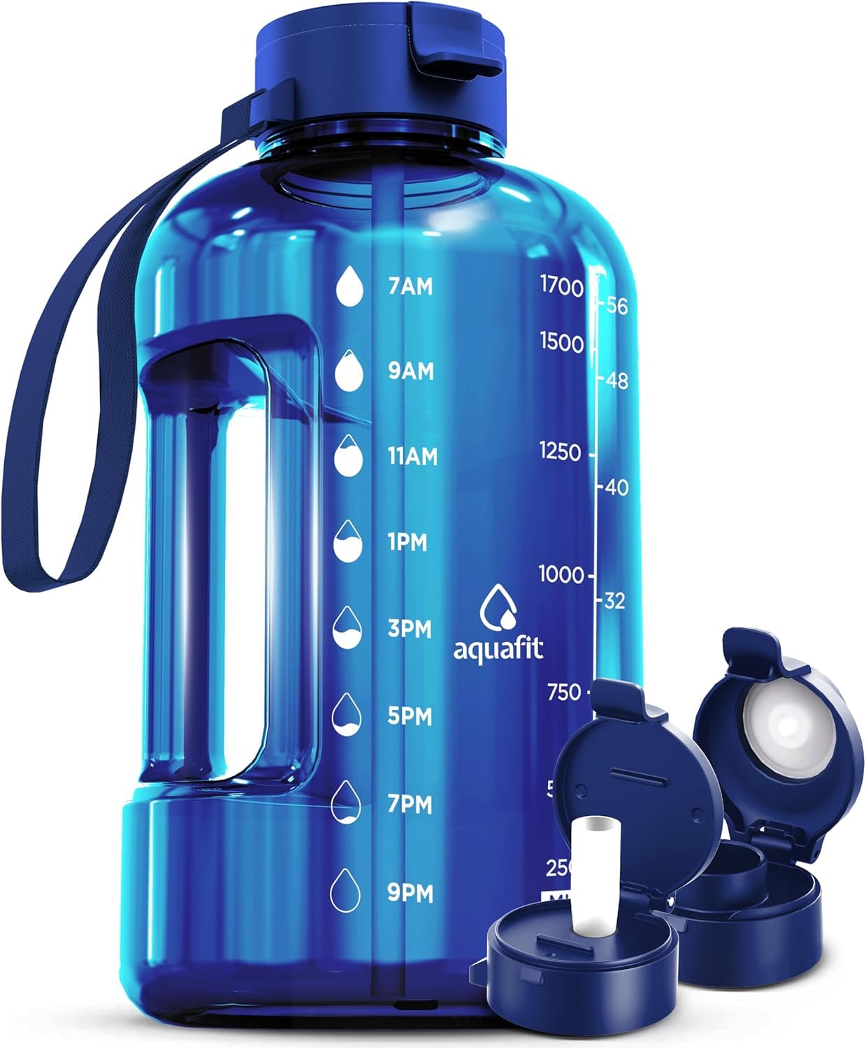 AQUAFIT 2 Litre Water Bottle with Straw - Water Bottles 2L with Time Marker - Half Gallon Big Bottle with Straw - Large Bottle For Gym - Blue, 2 Lids
