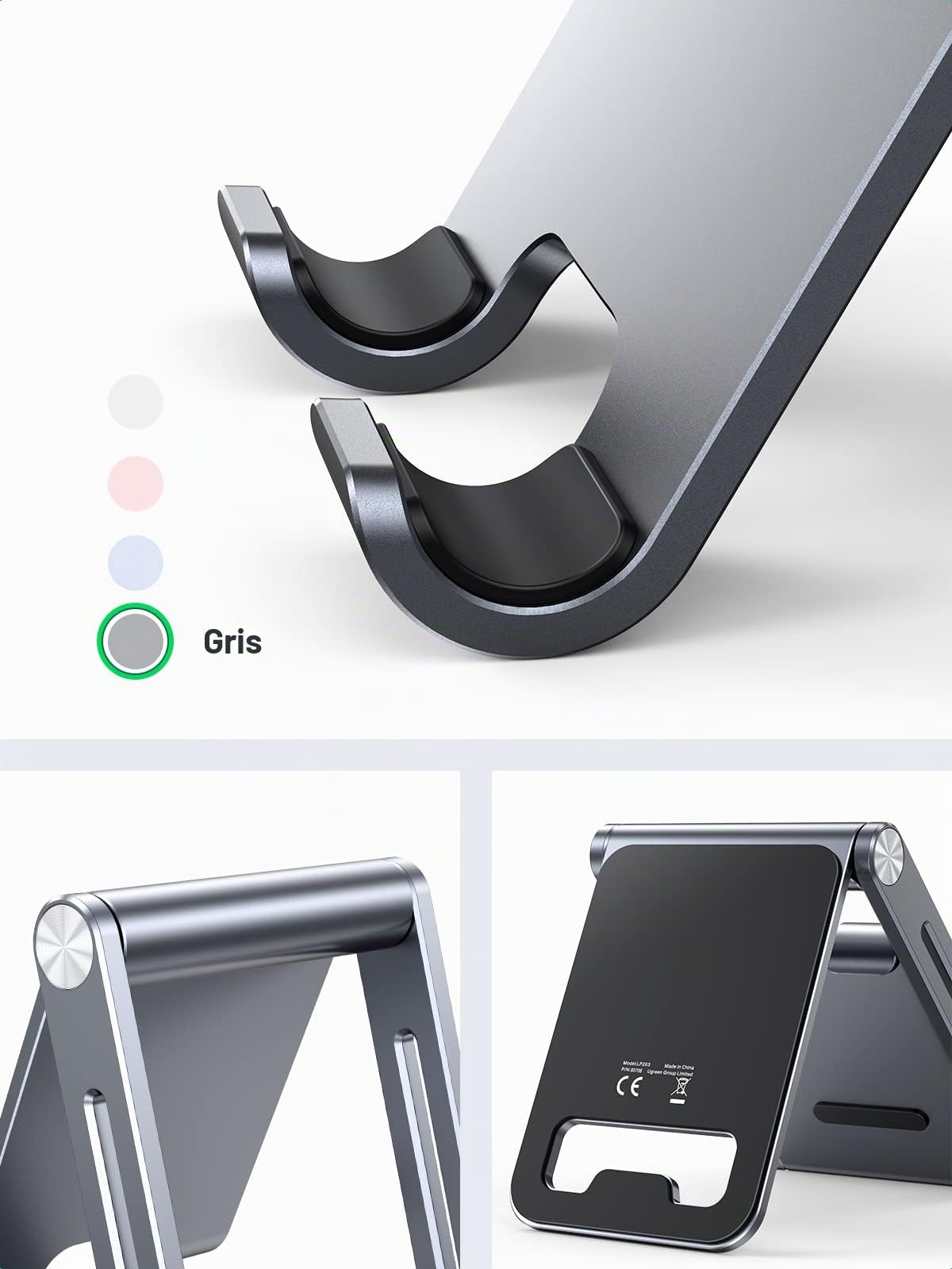 UGREEN Support Téléphone Bureau en Aluminium Stand Smartphone Pliable Ajustable Compatible avec iPhone 16 Plus Pro Max 15 14 13 12 11 Galaxy S24 Ultra S23 S22 Pixel 8 7a 6a (Gris)