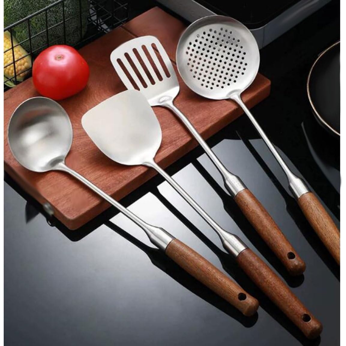 Löffel Küchenspatel aus Edelstahl 304 4-teiliges Set Küchenutensilien Drainagelöffel Gadget aus Holz