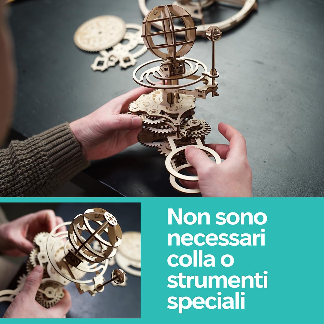 UGEARS Tellurion Meccanico 3D Puzzle - Regalo per la Festa del Papà Terra e Luna Puzzle 3D in Legno per Adulti - Kit Modello per Adulti da Costruire - Kit Modello Educativo del Sistema Solare