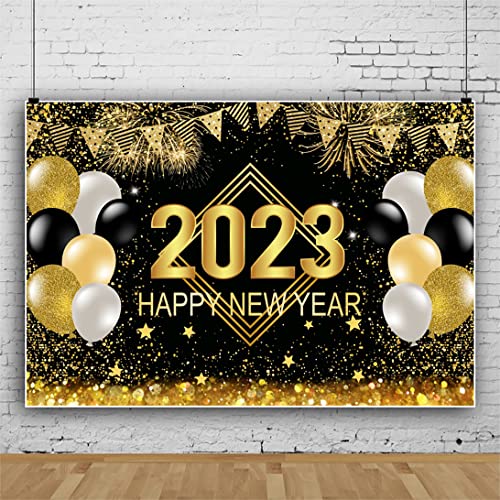 Bovlleetd 270x180cm Bonne année Toile de Fond 2023 réveillon du Nouvel an fête bannière Noir Or Ballon Feux d'artifice Floraison Photographie Fond Or étoiles Scintillantes Fond Cover