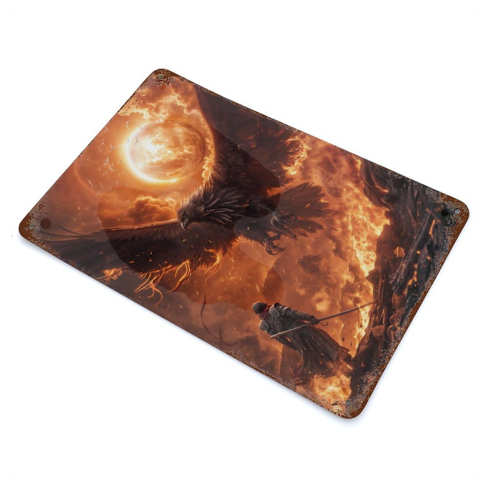 Fiery Battle with Phoenix Rustic Tin Plaque 11.8"x7.9", Ideal for Cafe, Home Bar And Lounge Decor