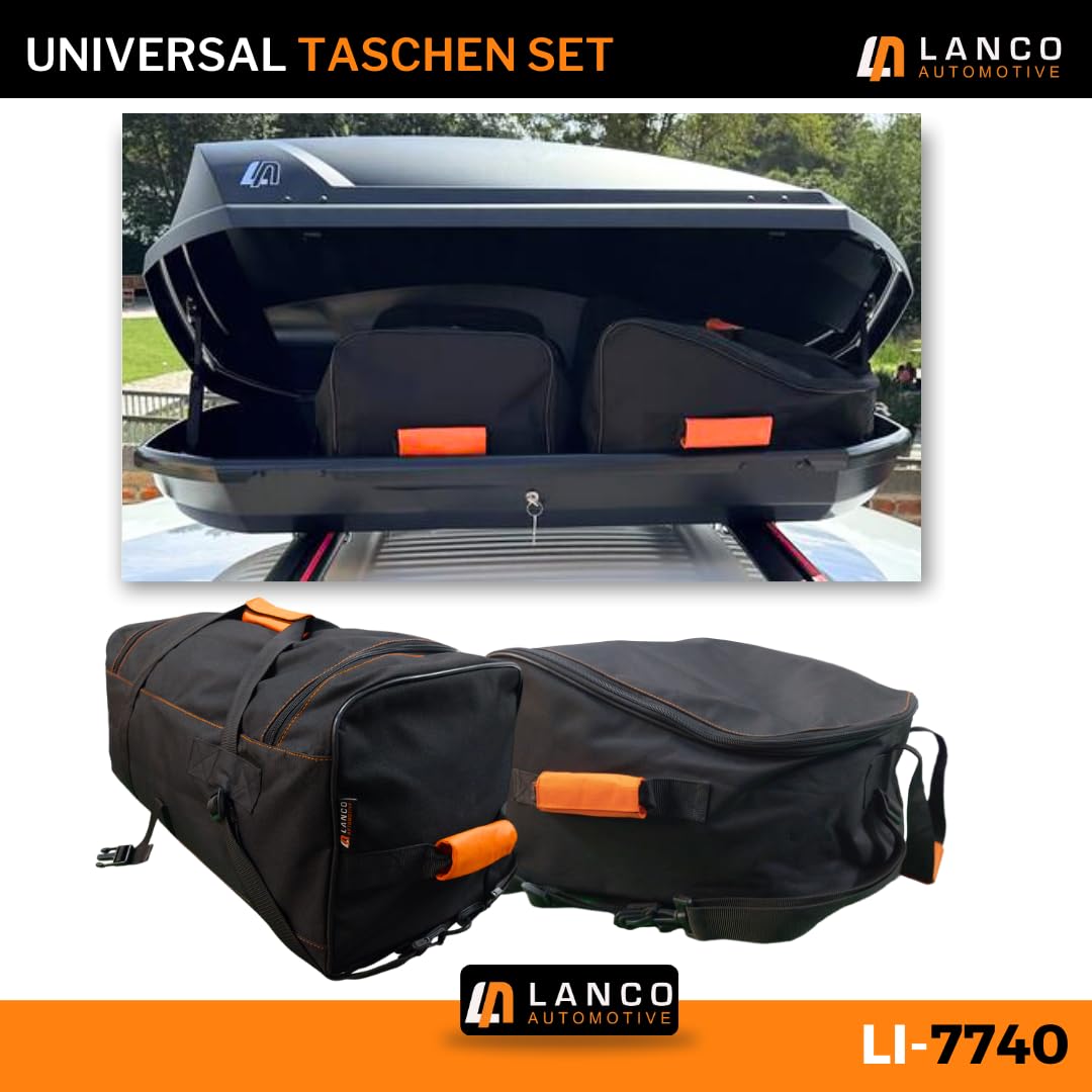 LANCO Dachbox Taschen Set - 49x60x30cm & 60x35x30cm - Robuster Organizer | Dachboxtaschen mit Klick-Befestigung, Tragegriff & Reißverschluss. Als Rucksack oder Reisetasche im Auto verwendbar.
