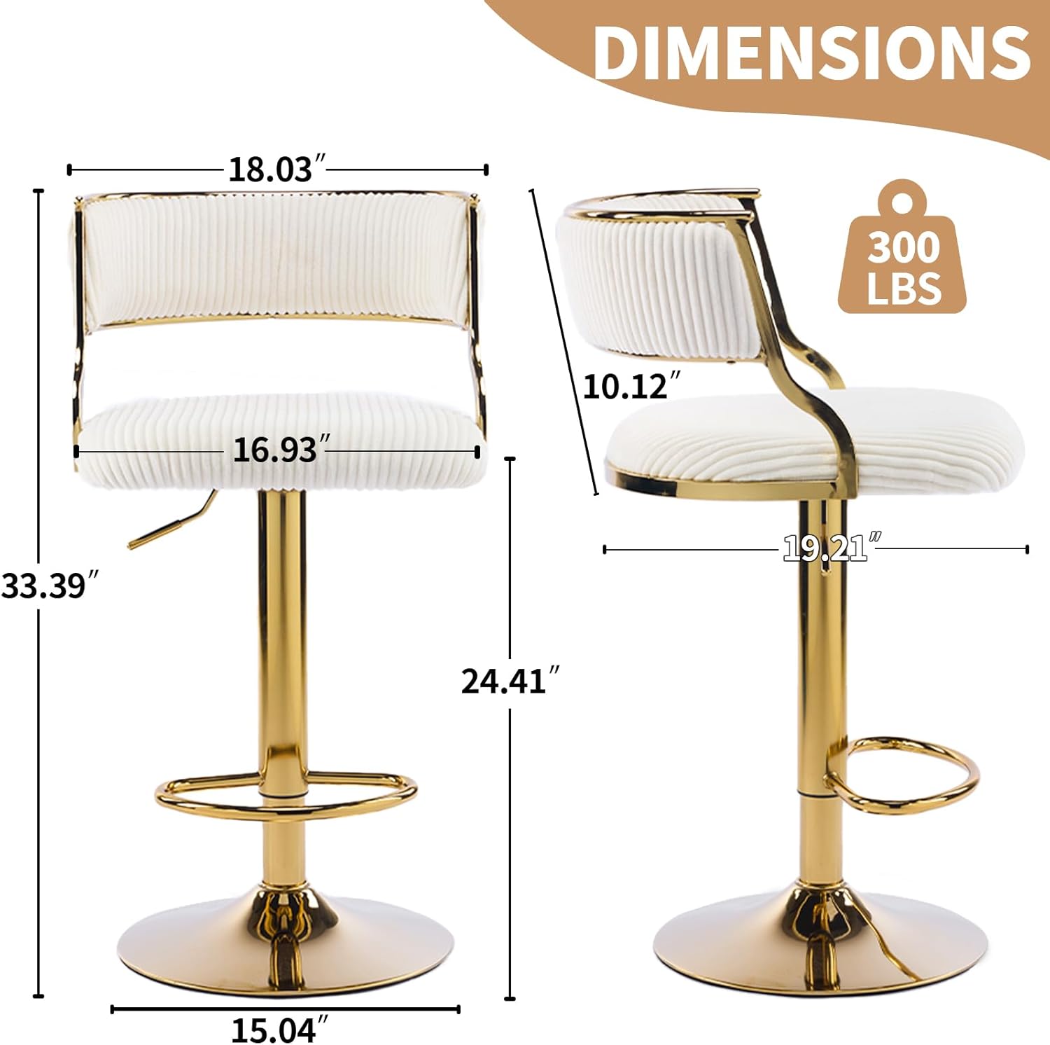 VINGLI Counter Height Bar Stools Set of 2, Modern Velvet Adjustable Swivel Barstools w/Hollow Backs, Metal Legs for Kitchen Island, Armless Hydraulic Kitchen Counter Bar Stool, White