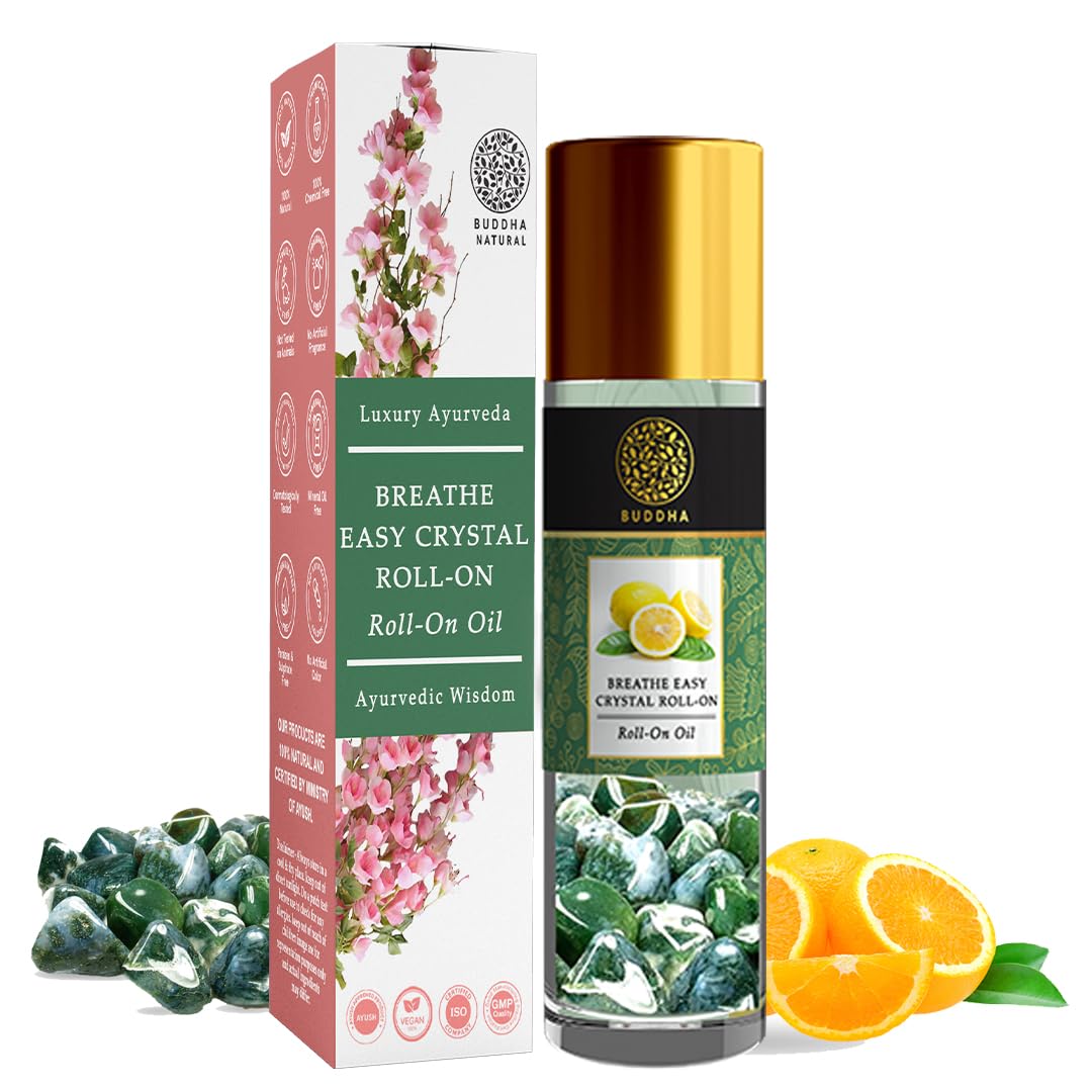 Breathe Easy Crystal Roll On (10ml, Moss Agate Stone) - Ayush Certified Aromatic Oil Fusion | Relieves Congestion, Sinus Discomfort, and Promotes Easy Breathing