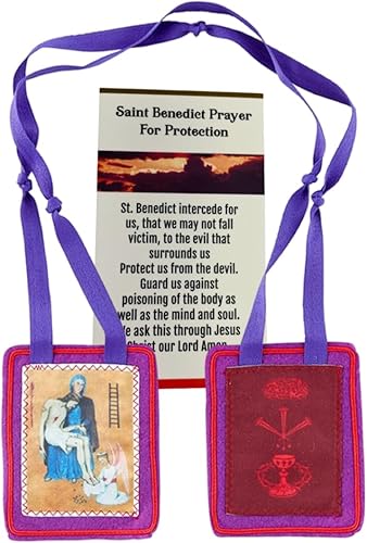 Miniatura 2 de Westmon Works Collar devocional de San Benito Escapulario Púrpura Grande de Lana Tradicional con Cordón Tejido Sacramental con Tarjeta de Oración de