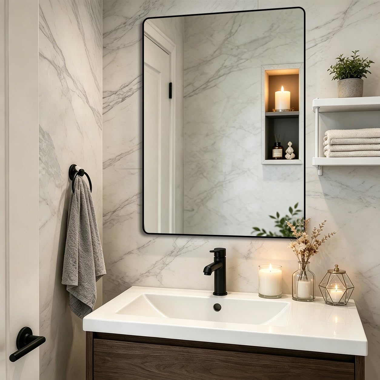 HIGHBATH Black Frame Mirror 60x80cm, Large Bathroom Wall Mirror, Rectangular Bathroom Modern Wall Mounted Mirrors Hanging Horizontal/Vertica — image 1