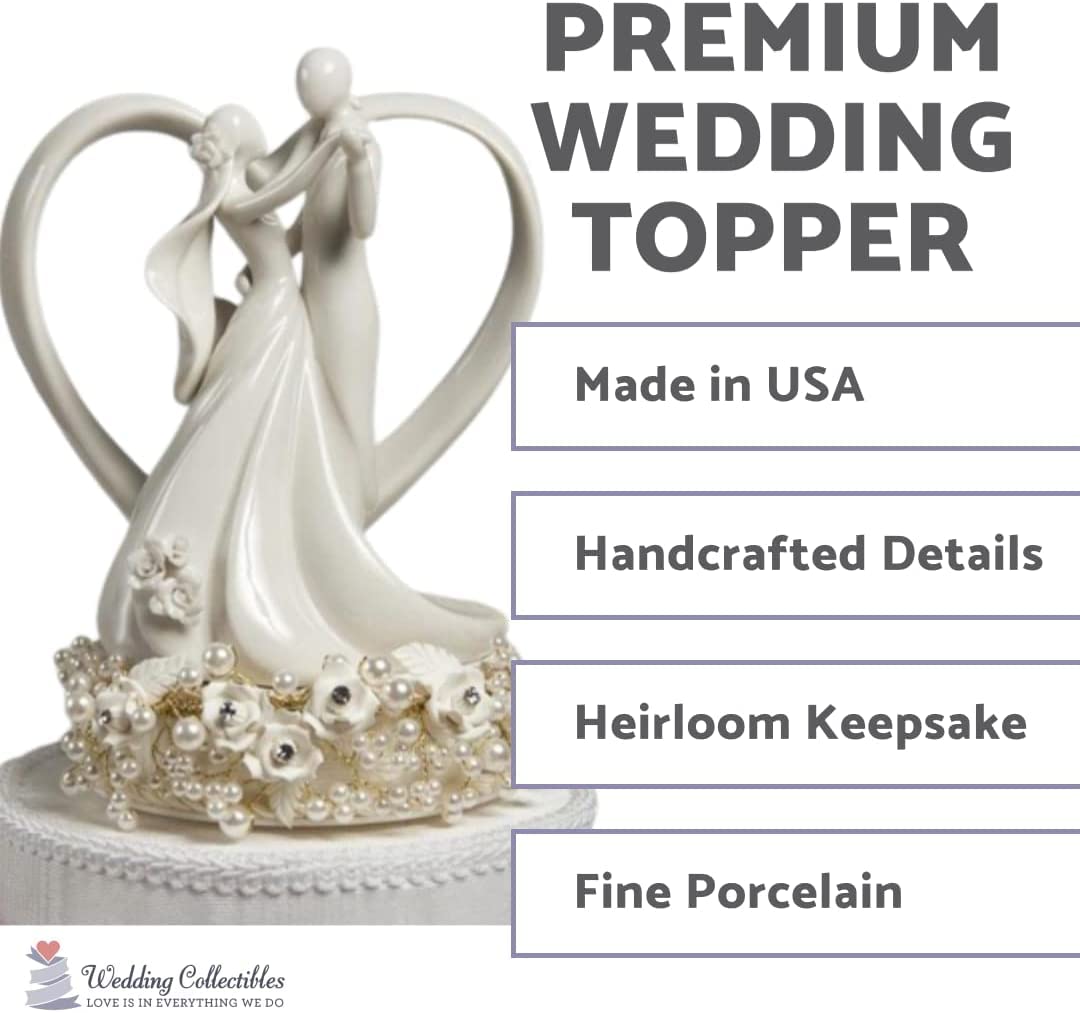 Wedding Collectibles Vintage Rose Pearl and Heart Wedding Cake Topper: Base Color: SILVER WIRING