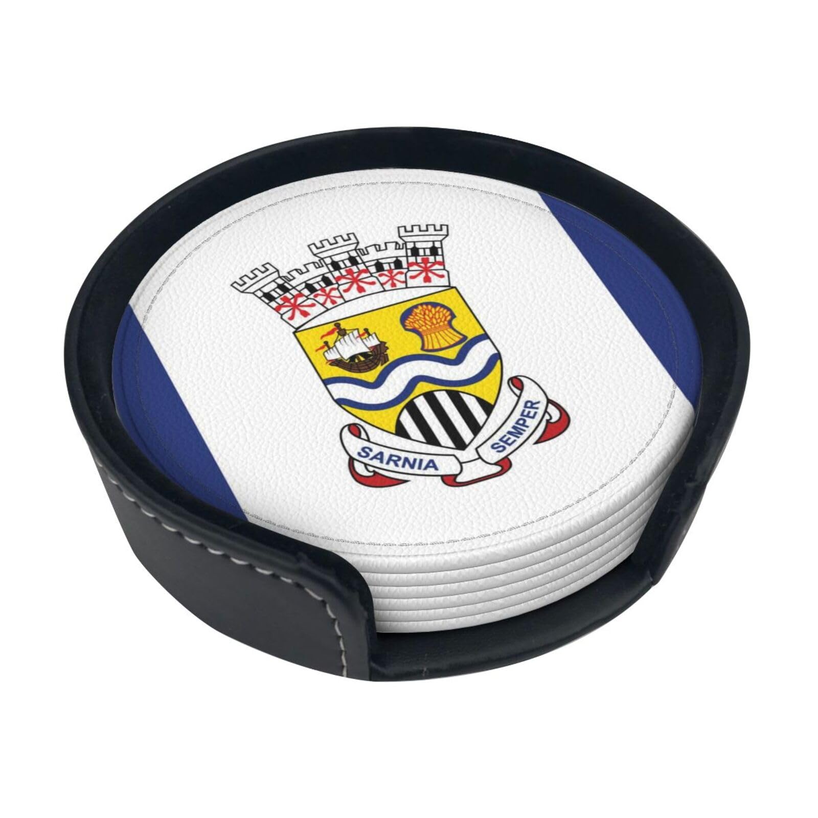Sarnia Flag Leather Coasters-Set of 6 with Storage Holder