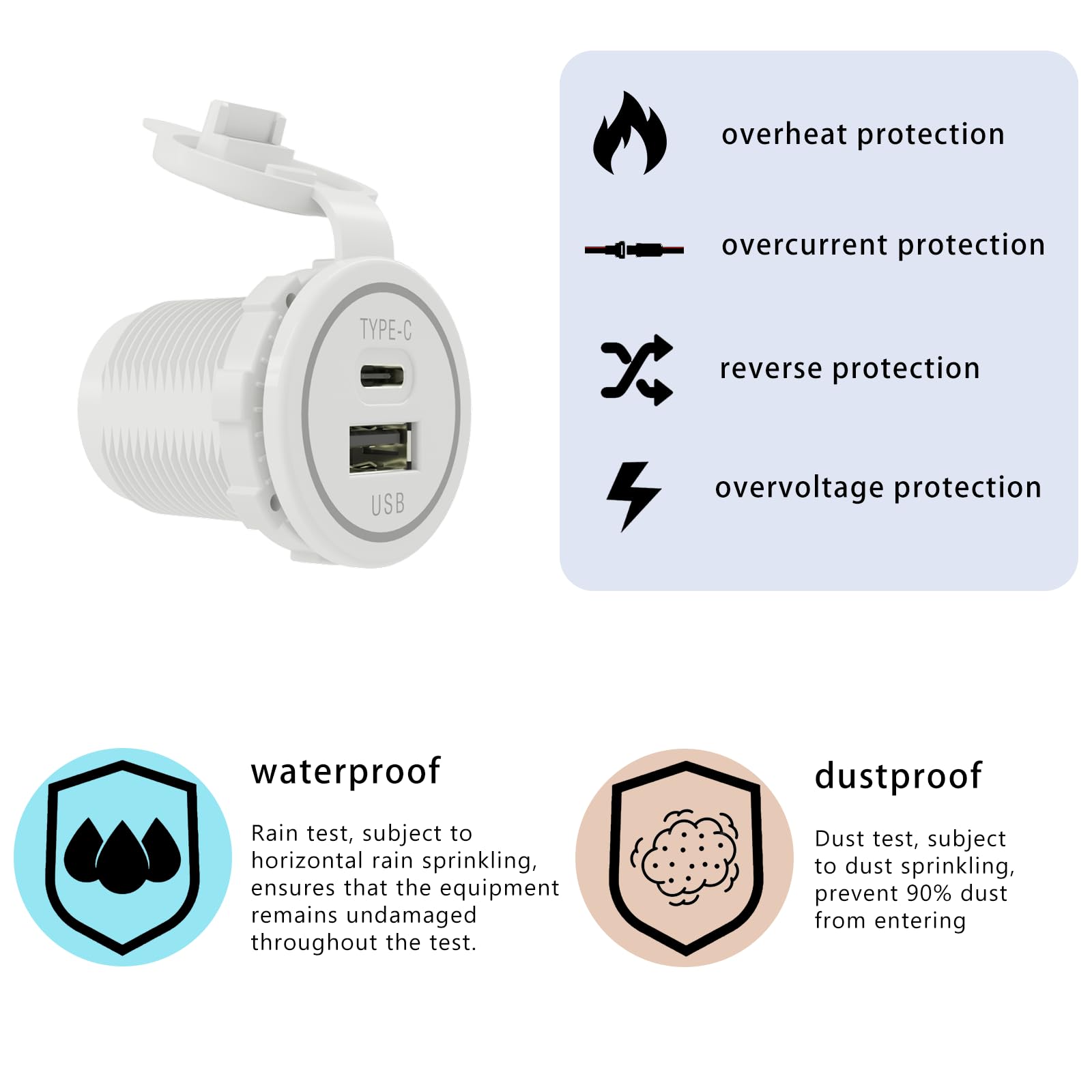 DAMAVO YM1218 USB Type C 12V PD30W FAST CHERGER Waterproof with Cap Type C USB Car Charger Socket 12V/24V for Car, Boat, Golf Cart, Bus, RV, Golf, Automotive Marine ATV Truck (15W-White 1 PCS)