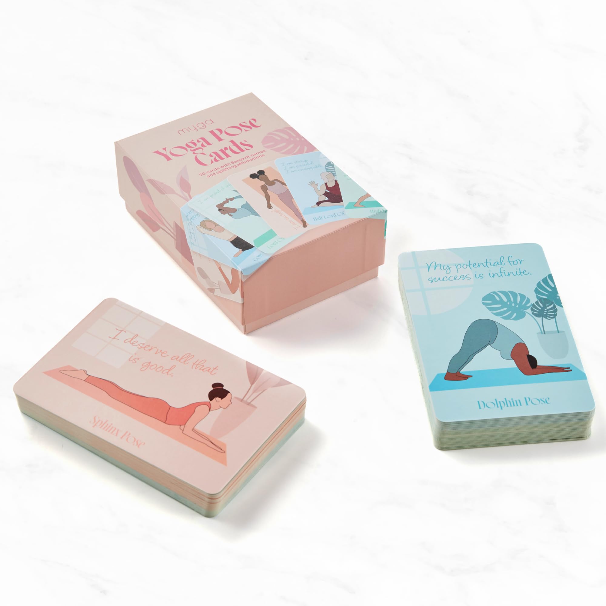 Myga Tarjetas de postura de yoga de afirmación – 70 tarjetas de ejercicio con nombre y afirmación sánscritos – Mini mazo de fitness y secuenciación para principiantes y yoguis avanzados – Tamaño