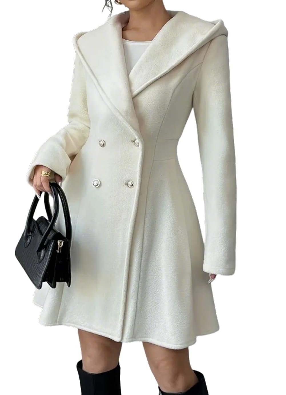 chouyatou Women Winter Double Breasted Hooded Wool Coat Casual A-Line Wool Trench Coat Peacoat with Hood