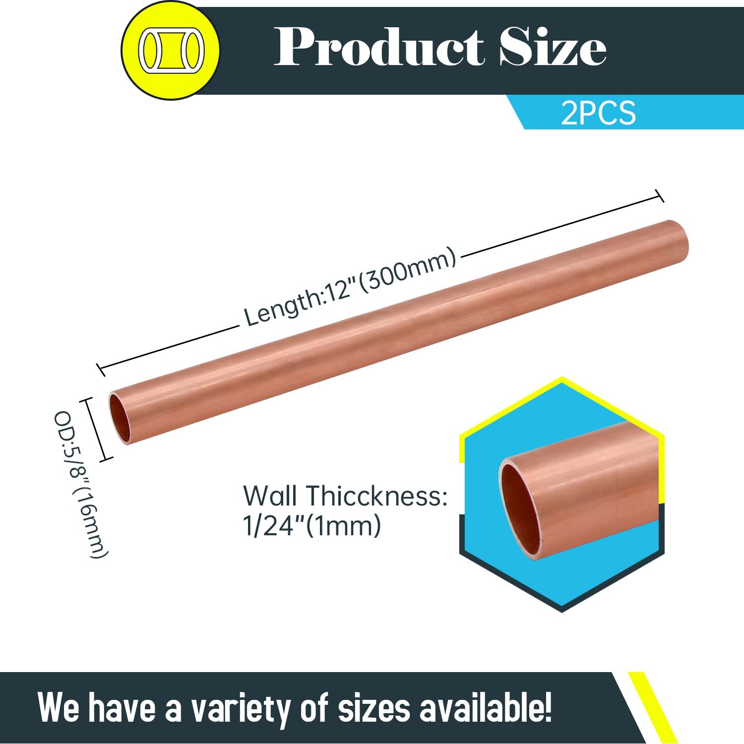 Tubo de cobre OD de 5/8 pulgadas, grosor de pared de 1 mm, tubo redondo de cobre de 12 pulgadas de longitud, ampliamente utilizado en varias aplicaciones industriales (2 piezas)