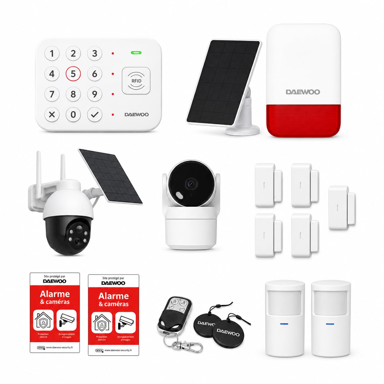 Daewoo Alarme Maison Sans Fil Vigilia Vision - Kit 13 Pièces WiFi avec 2 Caméras Full HD Motorisées Intérieure/Extérieure Solaire, Sirène Solaire, 5 Contacteurs, 2 Détecteurs - App Daewoo Home Connect