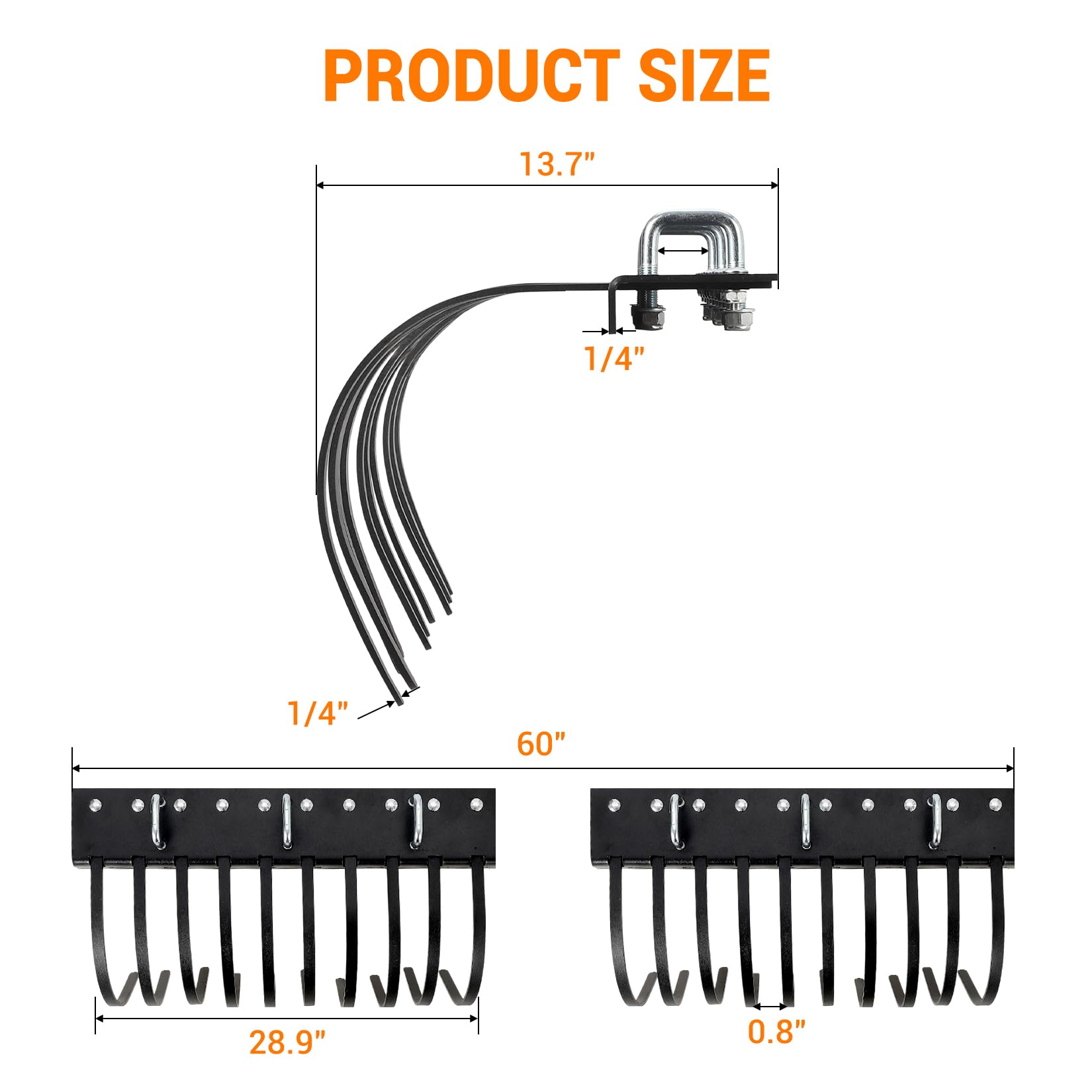 IDEALHOUSE Râteau paysager Robuste pour Tracteur, ATV, UTV – 152 cm, 20 Dents Acier Amovibles – Nivellement Sol, enlèvement Pierres, Gravier, débris – Accessoire agricole Professionnel – Finition
