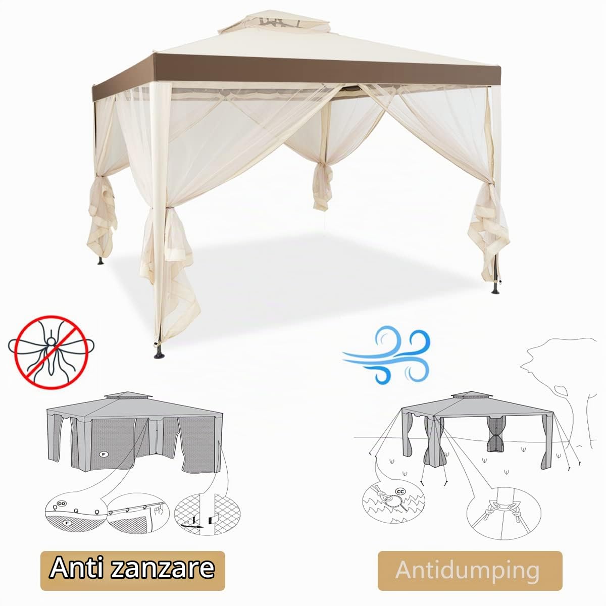 GIANTEX 3 x 3M Gazebo da Giardino, con Tetto e Tende di Struttura in Acciaio, 4 Tende Laterali, Ventilazione e Zanzariere, Traspirante e Comodo per Parco/Giardino/Balcone, 2 Colori (beige)