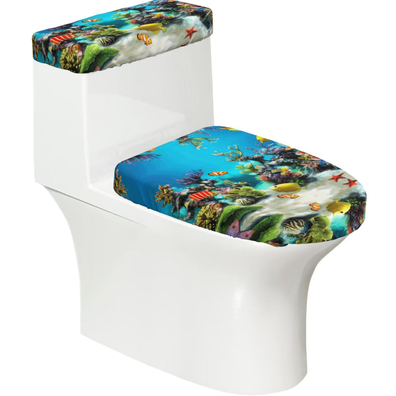 Tropical Fish Printed Toilet Tank and Lid Cover Set of 2 for Most Bathrooms, Fits Elongated Round Toilets