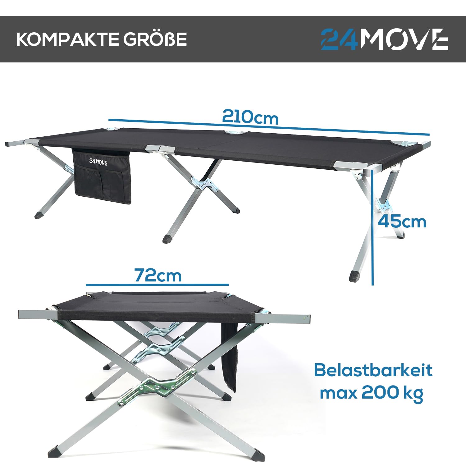24MOVE® Feldbett Campingbett bis 200 kg In-und Outdoor Camping faltbar, 210 x 72 x 45cm, tragbar mit Tasche, für Garten oder Reisen