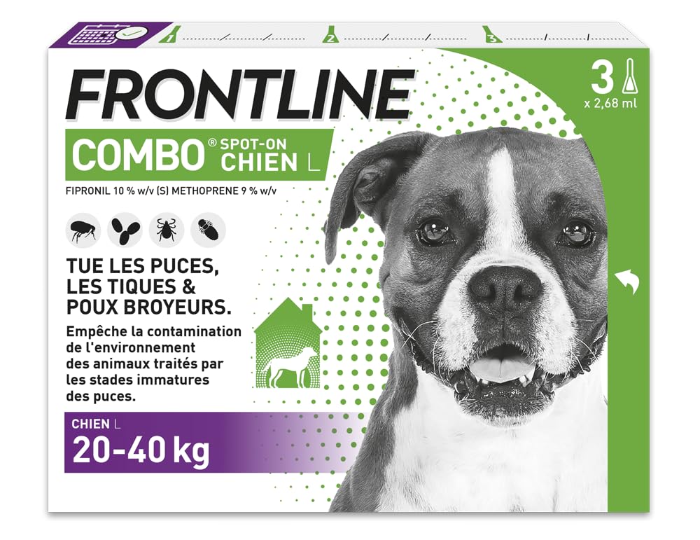 FRONTLINE Combo Chien - Anti Puces, Tiques, Poux broyeurs - Protège L'Habitat* - Élimine Puces Pendant 8 Semaines/Tiques Pendant 4 Semaines - Pour Chien 20 à 40 kg - 3 Pipettes Spot-On