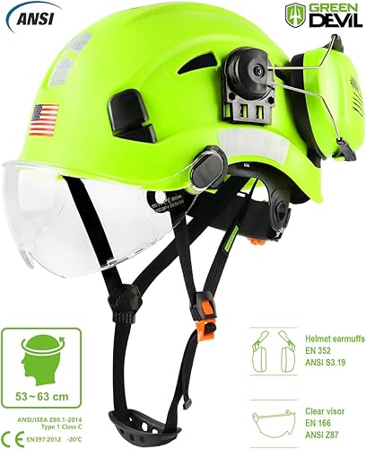 Miniatura 8 de GREEN DEVIL Casco de seguridad con visera y protección para los oídos, ajustable, ligero, ventilado, ABS, suspensión de 6 puntos, aprobado por ANSI