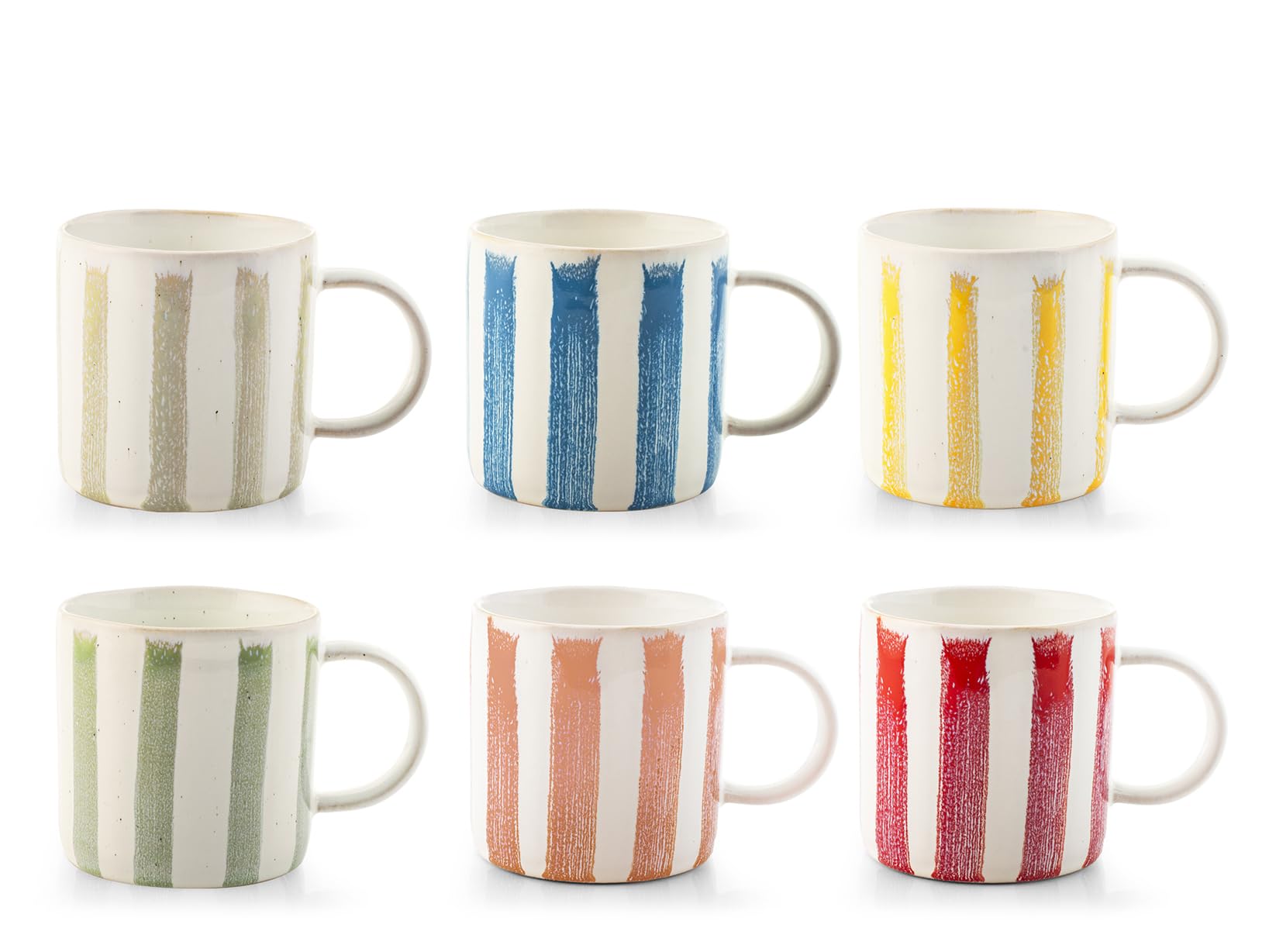 H&H-Set di 6 Mug Lima in Stoneware - Colori Assortiti 380 cc, Adatte per Lavastoviglie e Microonde, Design Artigianale con Base Color Panna e Righe Colorate