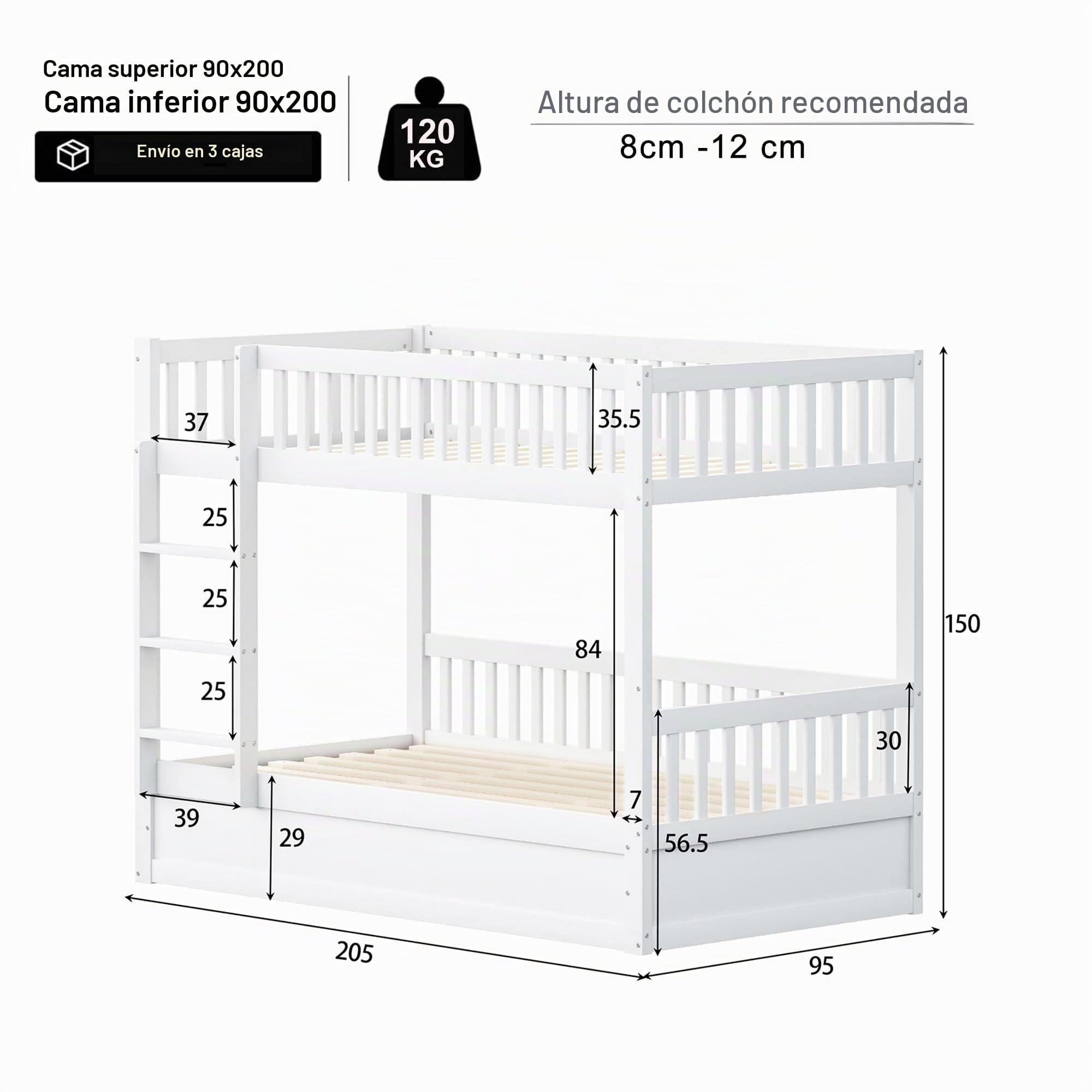 Soweiz Litera infantil para 2 niños, 90 x 200 cm, madera maciza, sistema de almacenamiento hidráulico, resistente y duradera cama de almacenamiento para niños (blanco)