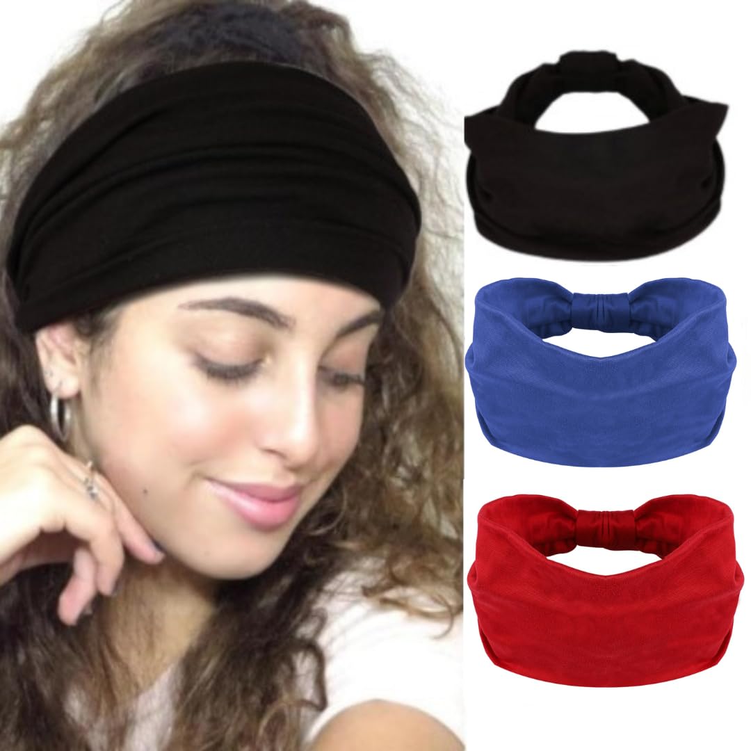 Seeotwo Paquete de 3 diademas anchas anudadas para mujeres, hombres y niñas, suaves, elásticas, antideslizantes, bohemias, unisex, elegantes, bandas para el sudor, vendas a la moda, turbante bohemio