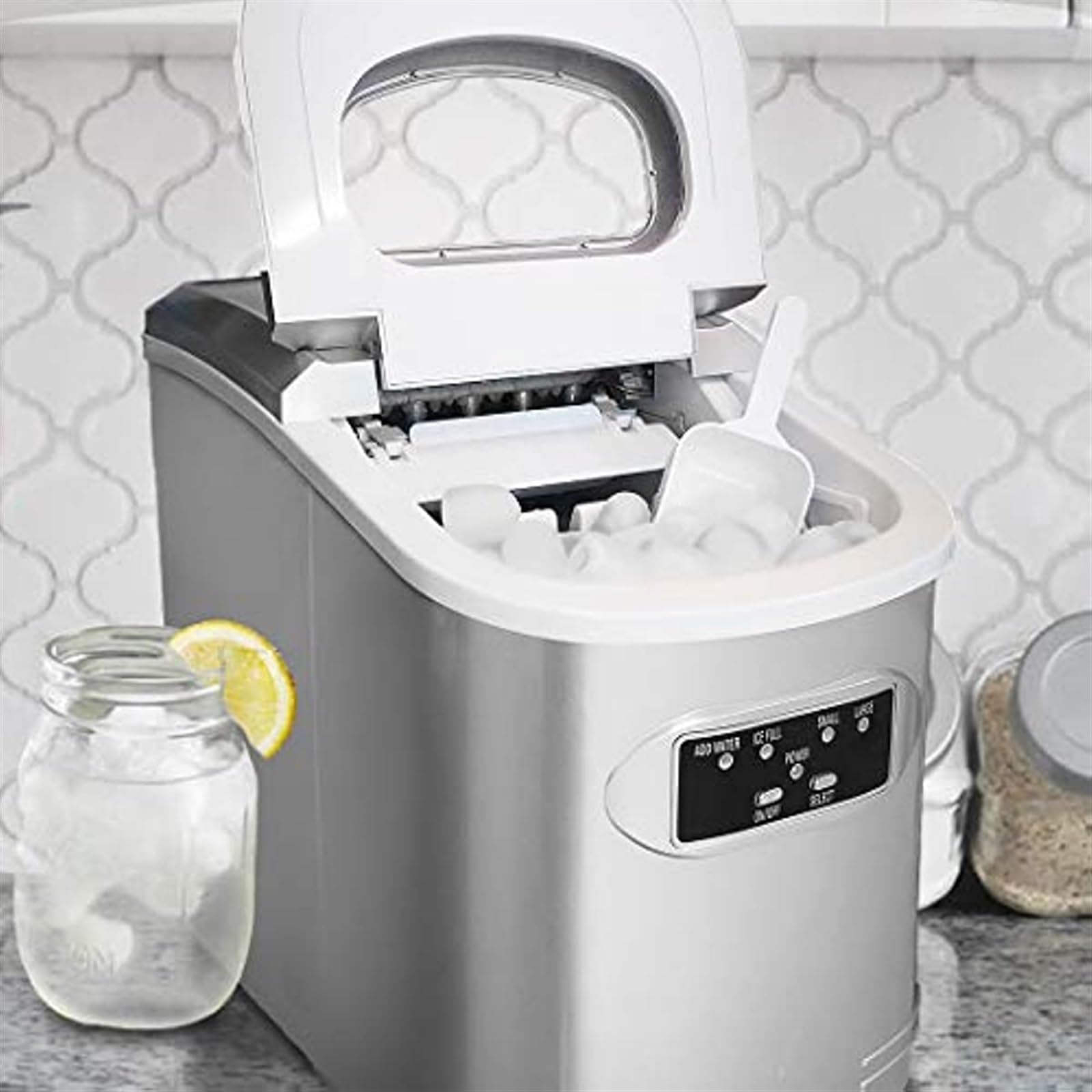 Máquina de hielo Máquina for hacer hielo compacta IMC-270MS, máquina for hacer hielo doméstica de color plateado metálico de 27 libras, comercial Cocina