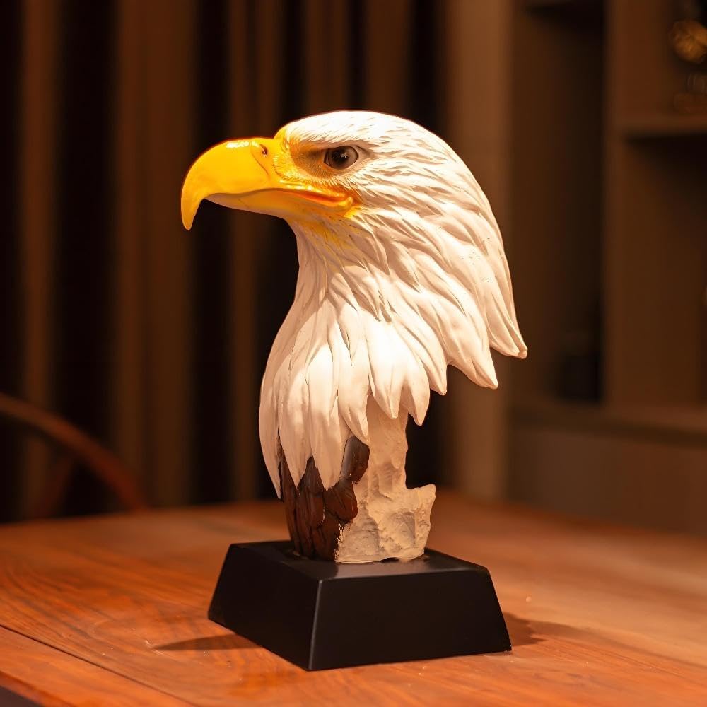 ‌Decorative Bald Eagle Head Bust Statue - Hand-Painted White/Brown Eagle with Black Base, Patriotic American USA Decor for Home, Office, Indoor Wall or Shelf