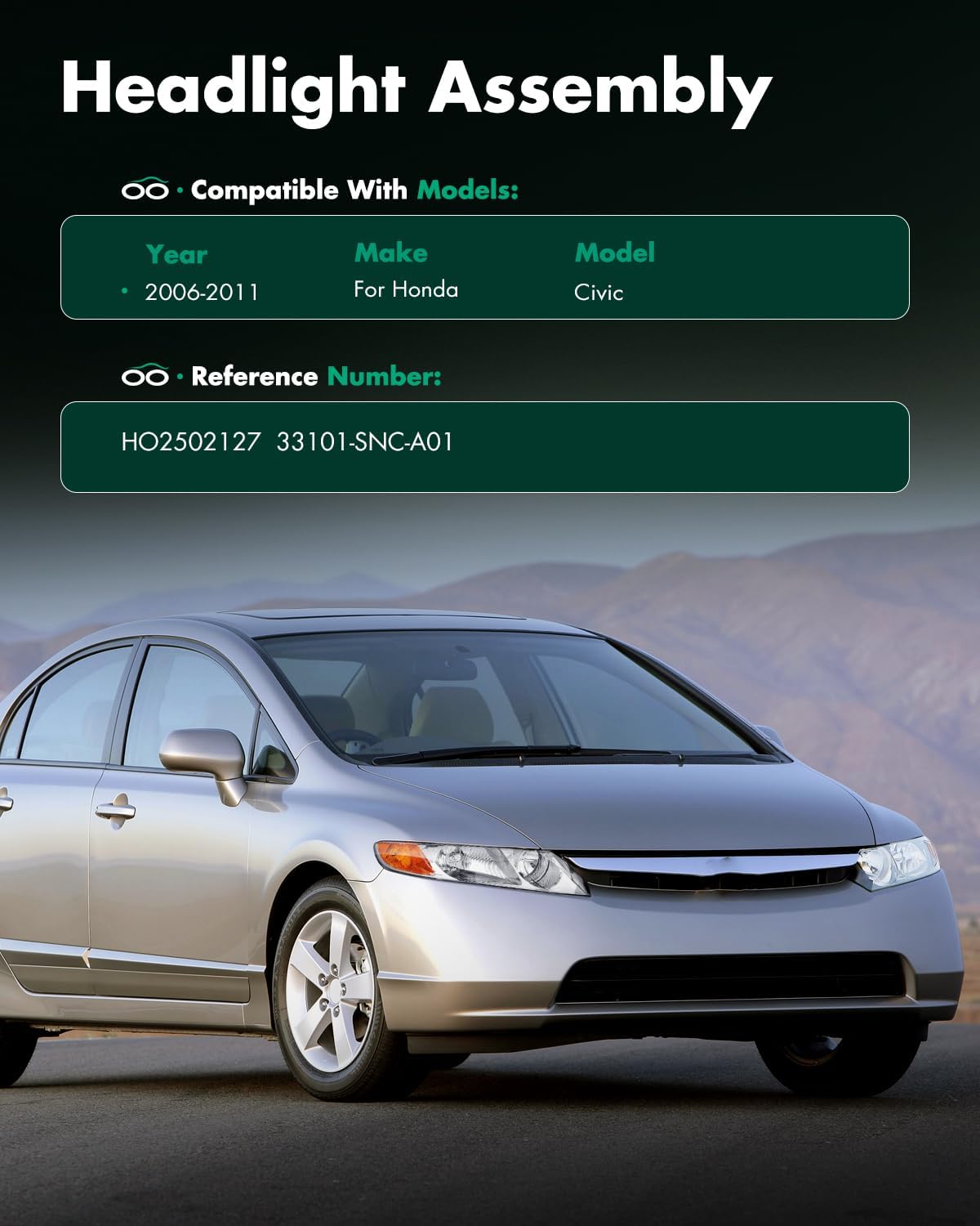 SCITOO Headlight Assembly Fits For Honda Civic Sedan 4Dr 2006-2011 headlamp in Chrome Housing Amber Reflector Clear Lens