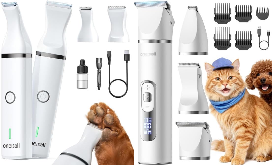 oneisall Bundle: Doppelklingen-Pfotentrimmer (2-Gang) + 3-in-1 Schermaschine für Katzen & Hunde – Leise Profi Haarschneidemaschine mit LCD-Anzeige für Pfoten, Augen, Ohren, Hintern, verknotetes Fell &