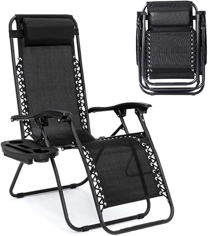 AmazingForLess Zero Gravity Lounge Chair Adjustable Outdoor Reclining Chair Folding Patio Anti-Gravity Indoor Outdoor Lounge Chair w/Pillow, Cup Holder (One Chair - Black)
