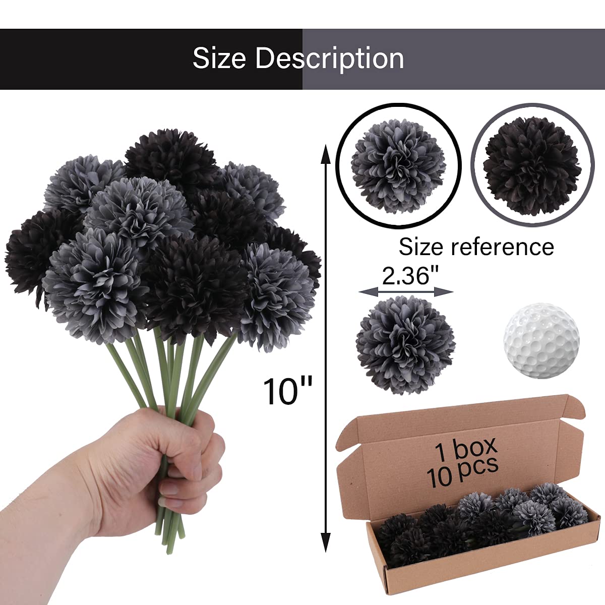 Jim's Cabin Artificial Flowers 10 Pcs Fake Silk Artificial Chrysanthemum Ball Hydrangea Bridal Wedding Bouquet for Kitchen Home Decor (Black,Grey)